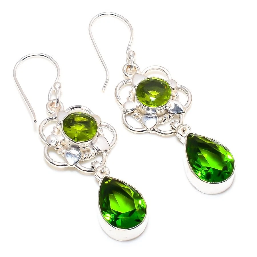 Green Peridot Gemstone Handmade 925 Sterling Silver Jewelry  Earring Size 1.6" - Image 1 of 1