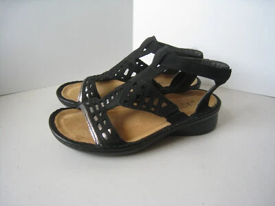 Naot Womens Gladiator Leather Sandals Sz 5 EU 36 Black Silver Ankle Strap Flats Foto 1 de 4