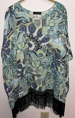 SLINKY BRAND Poncho Paisley Top Women Sz L Fringe Trim - Image 1 of 4