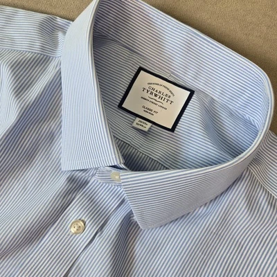 Charles Tyrwhitt Mens Classic Fit Blue Striped Non Iron Shirt 20/37 French Cuff - Image 1 of 4