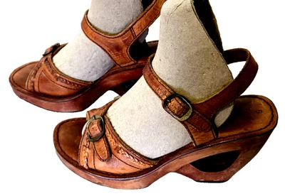 Sandalias de plataforma de madera Rapallo años 70 de colección, tacones de 4", cuero talla superior 6 Brasil Foto 1 de 4