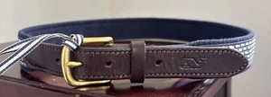 Vineyard Vines Boys Belt Sz 28 Whale Canvas Navy Blue Brown Leather Brass Preppy - Picture 1 of 10