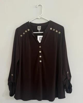 NWT $79 Anne Klein Brown Blouse Long  Sleeve Top Size XL - Image 1 of 4