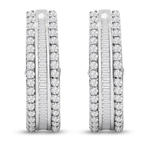 2 CARAT BAGUETTE AND ROUND COLORLESS DIAMOND HOOP EARRINGS IN STERLING SILVER - Picture 1 of 6