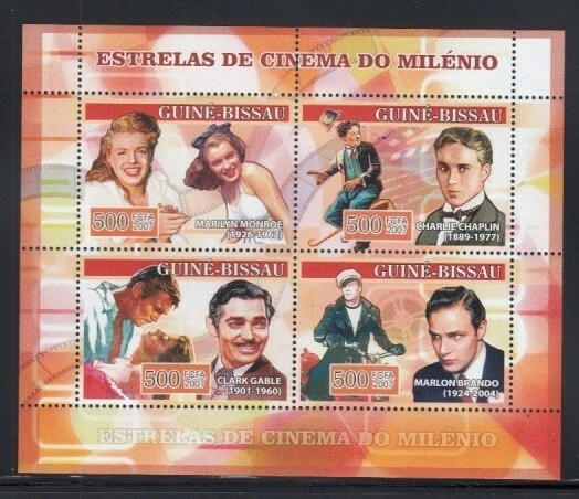 Folha de lembrança GUINEA-BISSAU M. Monroe, C. Chaplin, C. Gable & M. Brando MNH - Imagem 1 de 1