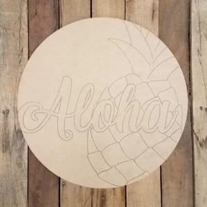 Aloha Pineapple Hawaiian Circle Plaque, Engraved Wooden Shape Paint by Line - Picture 1 of 1
