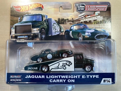Hot Wheels Team Transport Jaguar ligero tipo E + transportador en pilotos reales Foto 1 de 4