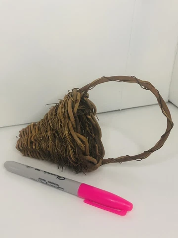 Small Vintage Hanging Cone Shaped Primitive Woven Basket With Natural Handle 7”H Cover
