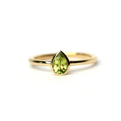 14k Yellow Gold Natural Green Peridot Gemstone Solitaire Women Dainty Ring - Image 1 of 4