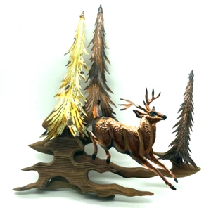 Vintage Brass Copper Deer Sculpture Trees Wood Metal Wall Art Table Top - Picture 1 of 12
