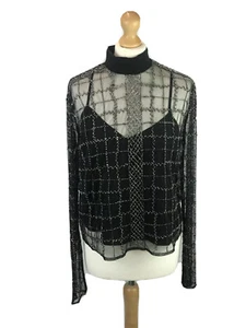 Top transparente River Island negro cuello alto manga larga adornado con cuentas UK12 A12 - Imagen 1 de 12