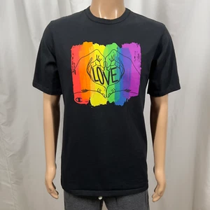 Champion Men's Large Black Rainbow "Love" Heart Hands LGBT Gay Pride T-Shirt - Picture 1 of 7