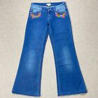 Y2K Flared Boho Jeans Womens Small 8 Blue Low Rise Embroidered Floral Denim 00s