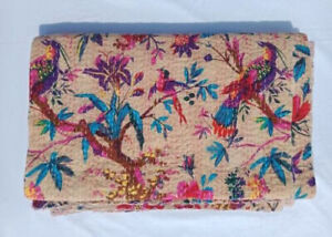 Kantha Quilt Indian Bedspread Beige Birds Bedcover Queen Gudari Bedding Throw