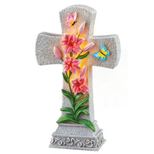 Solar Powered Memorial Cross with Lilies Garden Statue - Picture 1 of 2