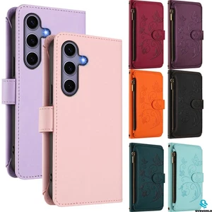 Hülle für Samsung S25 S24 S23 S22 S21 S20 Blumen Prägung Wallet Case Zip Cover - Picture 1 of 20