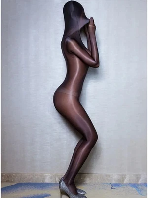 M XL Glossy Shiny Nylon Catsuit Hooded Bodystocking Bodysuit Tights Stockings - Image 1 of 4