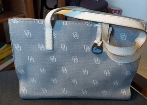 Dooney & Bourke Taupe/Gray Logo East West Tote Purse Pink Lined 13x10x4 - Picture 1 of 11