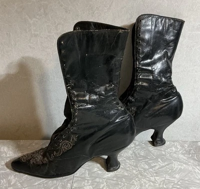 古董 1890 年代维多利亚爱德华女式高帮皮革系带靴 — 第 1/4 张图片