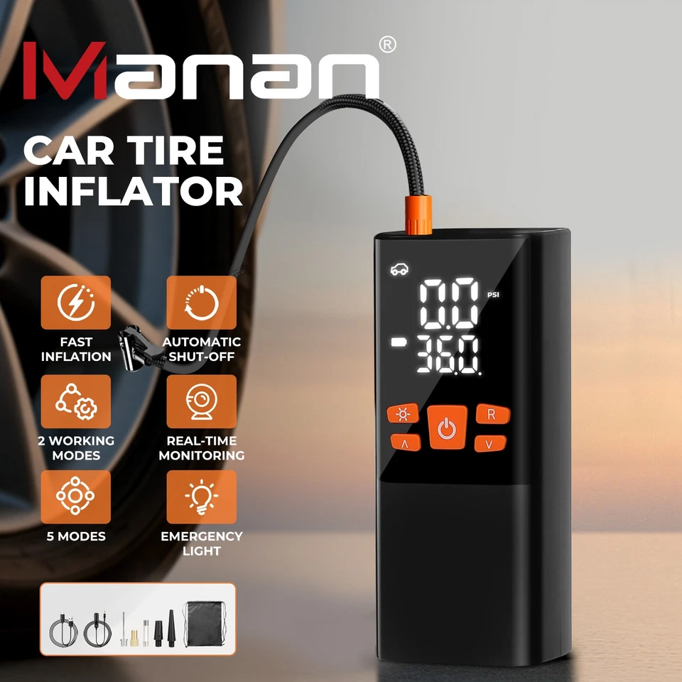 Manan Car Tyre Inflator Cordless Digital Rechargeable Tire Air Compressor Pump - Image 1 of 4