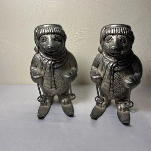 Vintage Towle Silversmiths Silverplated Skiing Bear Candleholder Winter Decor - Picture 1 of 9