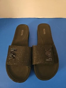 Michael Kors Slides Sandals Black Silver Sparkle Logo Women's 10M New - Picture 1 of 6