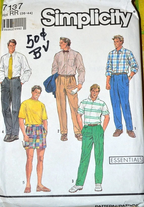 SIMPLICITY VINTAGE 1990 PATTERN 7137 SIZE 36-44 MEN'S PANTS OR SHORTS. uncut - Image 1 of 1