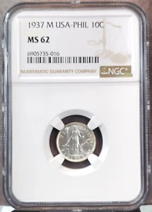 1937 PHILIPPINES SILVER 10 CENTAVOS NGC MS 62 SCARCE BRIGHT LUSTER - Picture 1 of 3