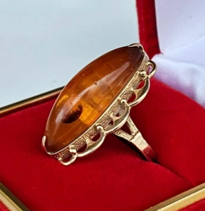 Anillo de cóctel vintage de oro ruso de 14 quilates y ámbar báltico de la URSS de los años 70 - Imagen 1 de 14