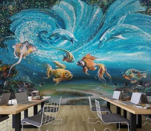 3D Goldfish Dolphin 864 Wallpaper Mural Wall Print Wall Wallpaper Murals US Coco - Picture 1 of 10