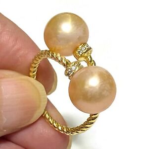 Double Round Edison Peach Pink Round Cultured Pearls Handmade Ring Size 6 - 7