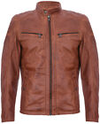 Mens Tan Leather Jacket Vintage Quilted Retro Racing Zipped Biker