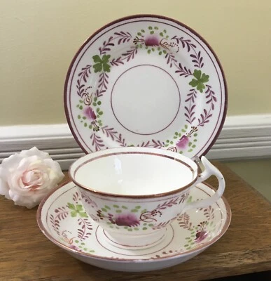 Antiguo c.1860+ Hecho en Inglaterra Rosa Brillo Taza de té Trío Thomas Goode de Londres Foto 1 de 4