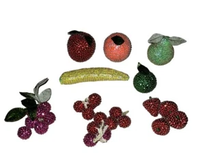 Vintage Stecknadel Kunstfrucht Limette Kirschtrauben Pfirsich Apfel Erdbeere Pailletten - Bild 1 von 13