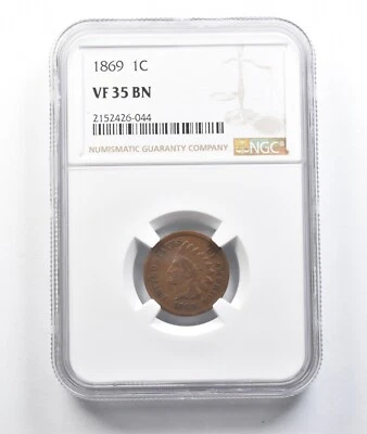 1869 Indian Head Cent VF35 BN NGC *0451 - Image 1 of 3