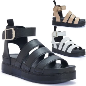 LADIES GLADIATOR SANDALS New WOMENS PLATFORM CHUNKY SOLE FLATFORM STRAPPY SHOES - Picture 1 of 23