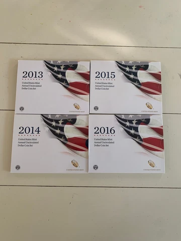 2013 thru 2016 US Mint Annual Uncirculated Dollar Coin Sets - 4 sets Included Cover