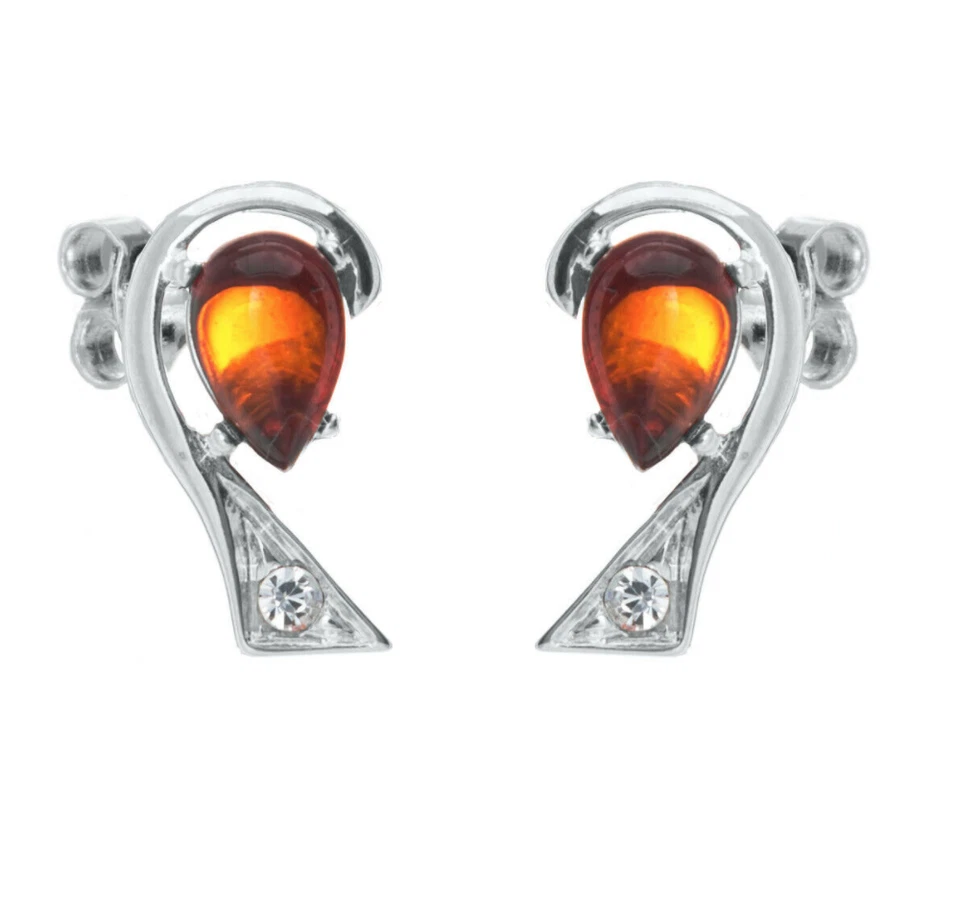 925 Argento Sterling Vera Ambra Baltica Orecchini con Zirconia Cubica Regalo Bag - Immagine 1 di 1