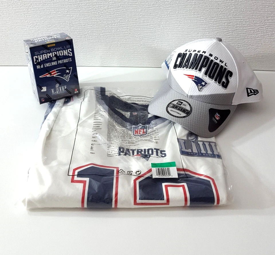 BUNDLE-Tom Brady Pats SB 53 Men's Nike White Gm Jrsy Sz M Hat &Trading Cards