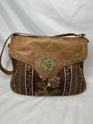 RAJ Anthropologie Leather Large Brown Embellished Beaded Shoulder Bag Purse - Image 1 of 4