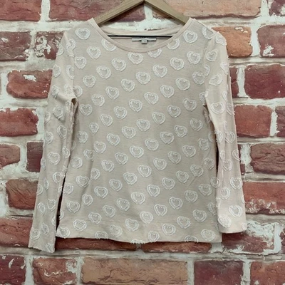 Ann Taylor Loft T Shirt Womens Small Pale Pink White Fringe Hearts Casual Top - Image 1 of 4
