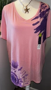 Woman’s Plus Size 1X Pink Purple V Neck Athletic T Shirt NWT Shirt Sleeves Cute - Picture 1 of 6