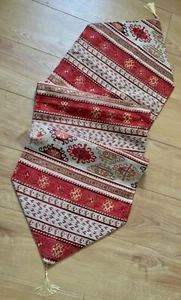 Brick Red and Off-White Kilim Pattern Table Runner with Gold Tassels | 140x45cm - Picture 1 of 5