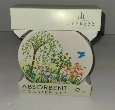 Juego de 4 posavasos absorbentes de piedra de ciprés para el hogar "Siempre en flor" de hoja perenne Foto 1 de 4