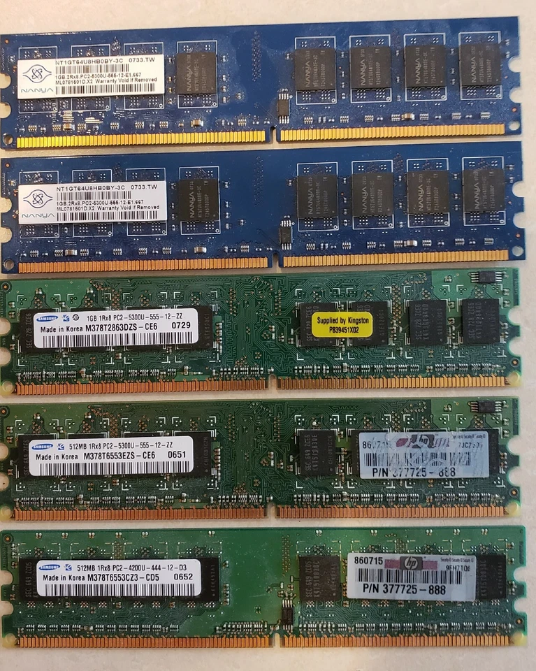 Five PC 2 Memory Sticks  5 Total 2 6300 2gigs , 1.5 Gig Of 5300 ,512mb Of 4200 . - Image 1 of 4