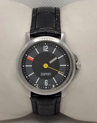 Unisex Espirit Stylish Round Silver Tone Big Crown Black Leather Strap Watch J7 - Image 1 of 4