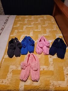 New Handmade Crocheted Slippers With Pom Poms  Size 9-$6.00 Each