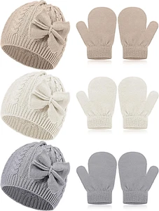 3 Set Toddler Hat Glove Set, Kids Winter Hats Warm Knitted Beanie Mittens Gloves - Picture 1 of 12