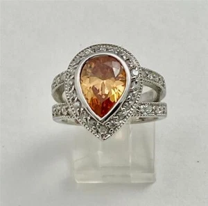 925 Sterling Silver Pear Shape Simulated Orange Citrine & Diamond Accents Ring 8 - Picture 1 of 5