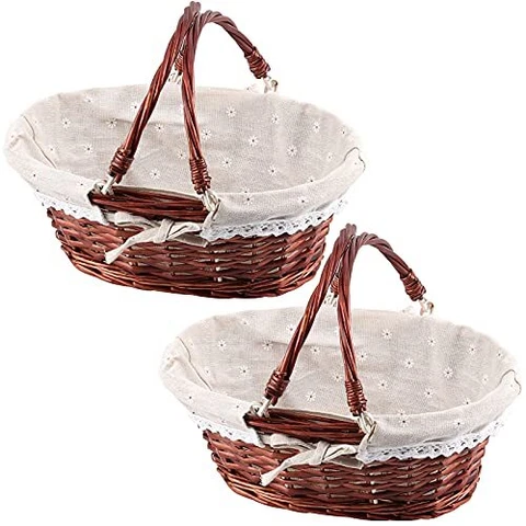 2 Pack Brown Wicker Woven Bread Basket with Handle Oval Willow Woven Basket w Cover